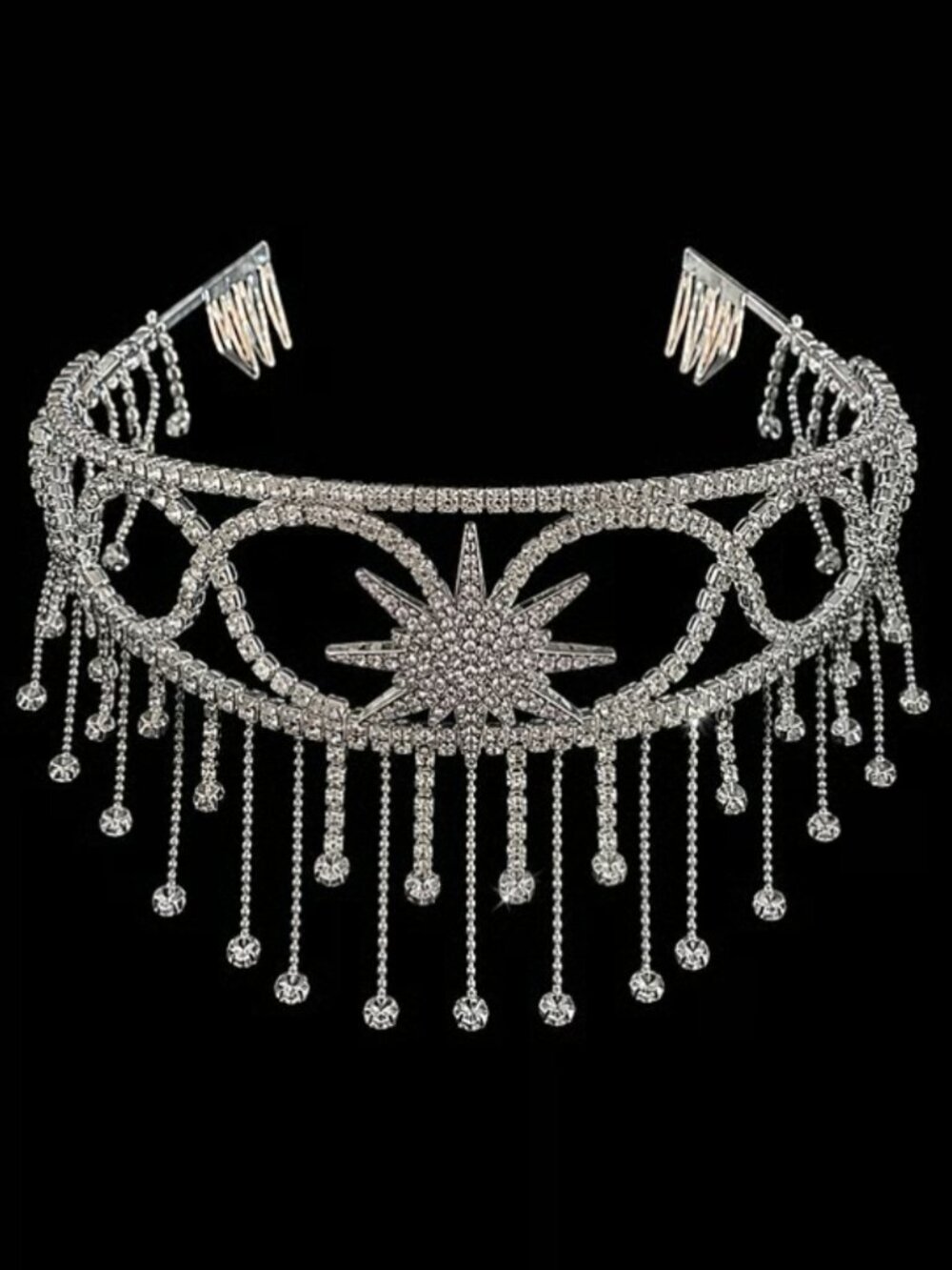 Crystal Rhinestone Fringe Tiara Crown Headband, Silver Tone